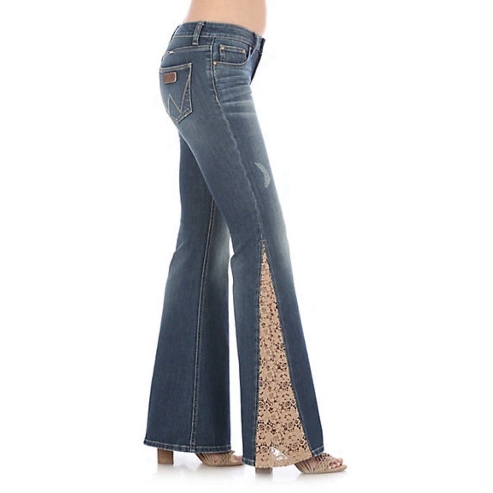 WRANGLER 9x34 Denim Stretch Western Bell Bottom Lace Flare Jeans Hippie Boho